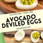 Collage of avocado deviled eggs on wooden board.