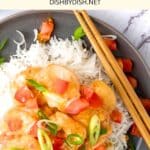 Top down view of gf bang bang shrimp served over rice.