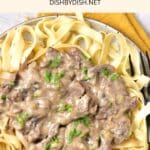 Top down view of a plate of beef stroganoff