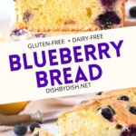 Collage of photos of sliced lemon blueberry bread.