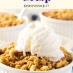 Up close view of a ramekin with blueberry crisp topped with ice cream