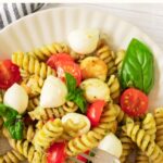 Top down view of plate of pasta salad