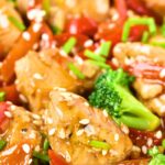 Up close view of stir fried chicken and veggies