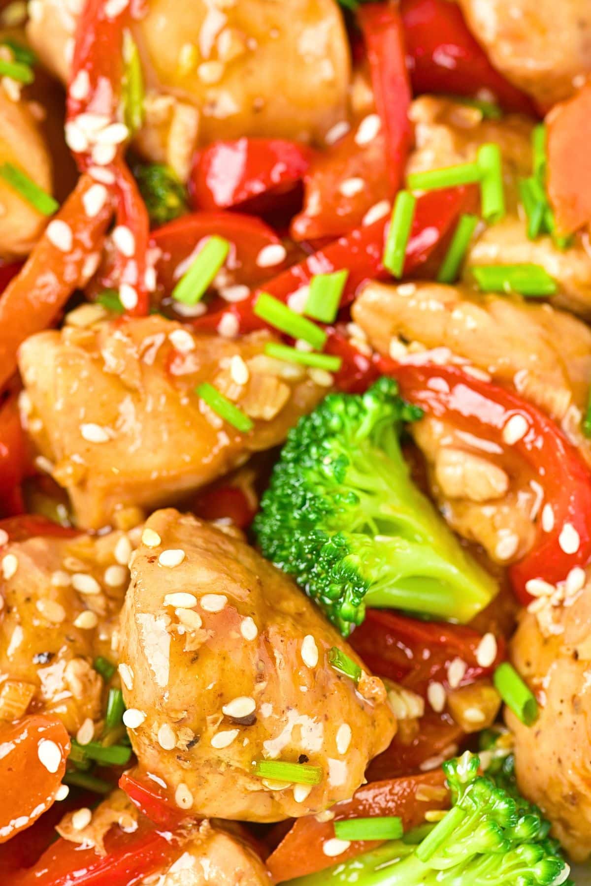 Up close view of chicken broccoli stir fry