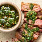 Top down view of chimichurri skirt steak