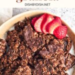 Top down view of a bowl of chocolate granola and sliced strawberries