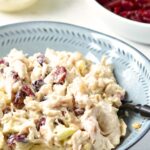 Up close view of a bowl of chicken salad