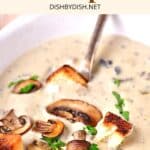 Up close view of a bowl of creamy gf mushroom soup.