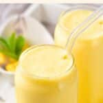 Up close view of glasses of mango shake.