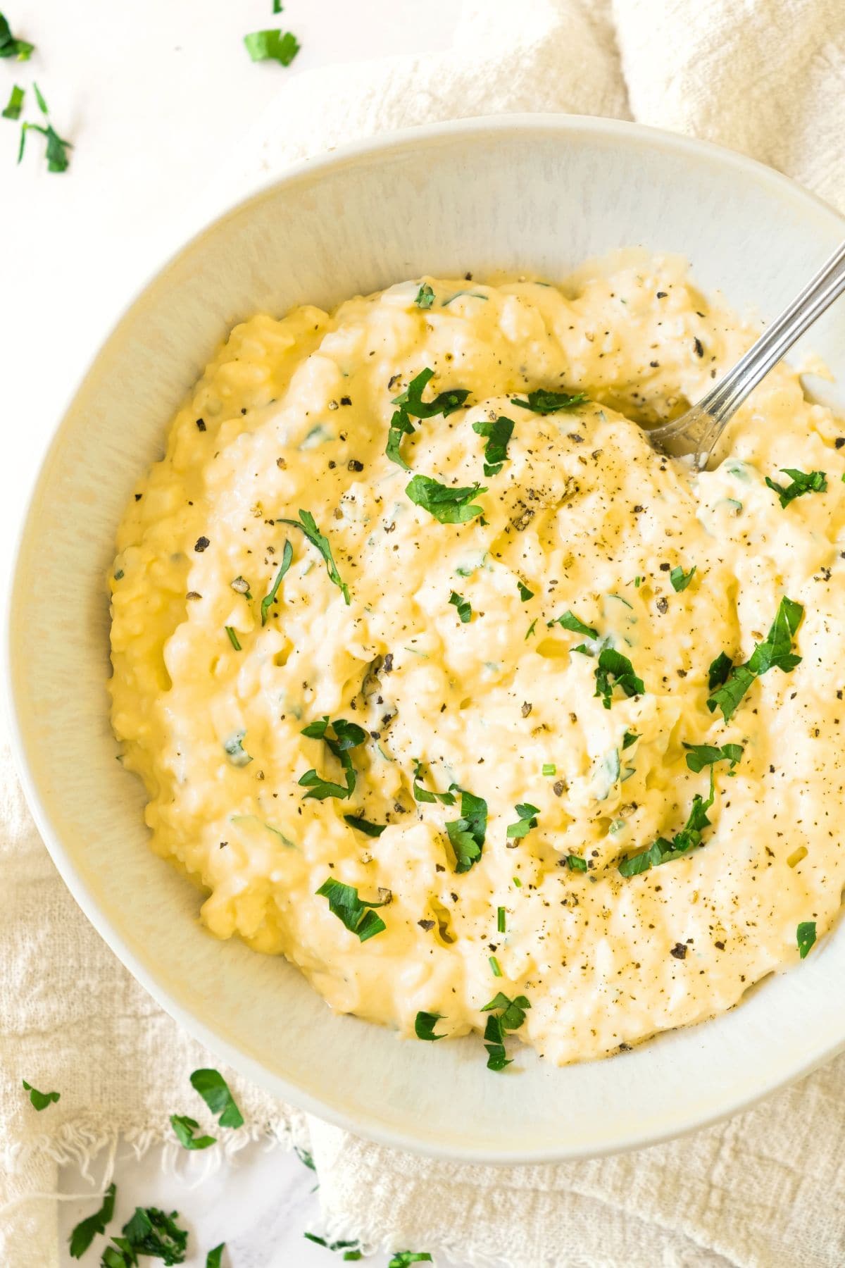 Top down view of a bowl of gluten-free dairy-free egg salad.