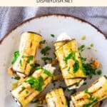 Top down view of a plate of eggplant rolls.