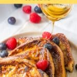 Drizzling maple syrup over gluten dairy free french toast