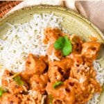 Top down view of a plate of chicken curry and rice.
