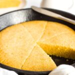 Up close view of sliced skillet cornbread