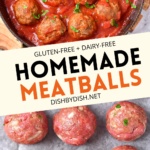 Collage of images of uncooked meatballs and meatballs simmering in sauce.