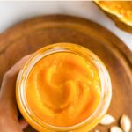 Top down view of jar of pumpkin puree
