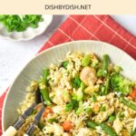 Top down view of fried rice with turkey on red towel