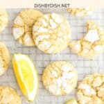 Top down view of lemon crinkle cookies on parchment-lined wire rack.