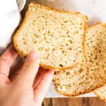 Hand holding a slice of millet bread