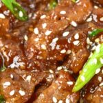 Up close shot of gluten-free mongolian beef slices