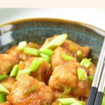 Up close view of a bowl of Mongolian chicken garnished with green onions.