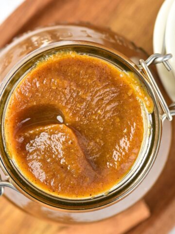 Top down view of a jar of pumpkin butter