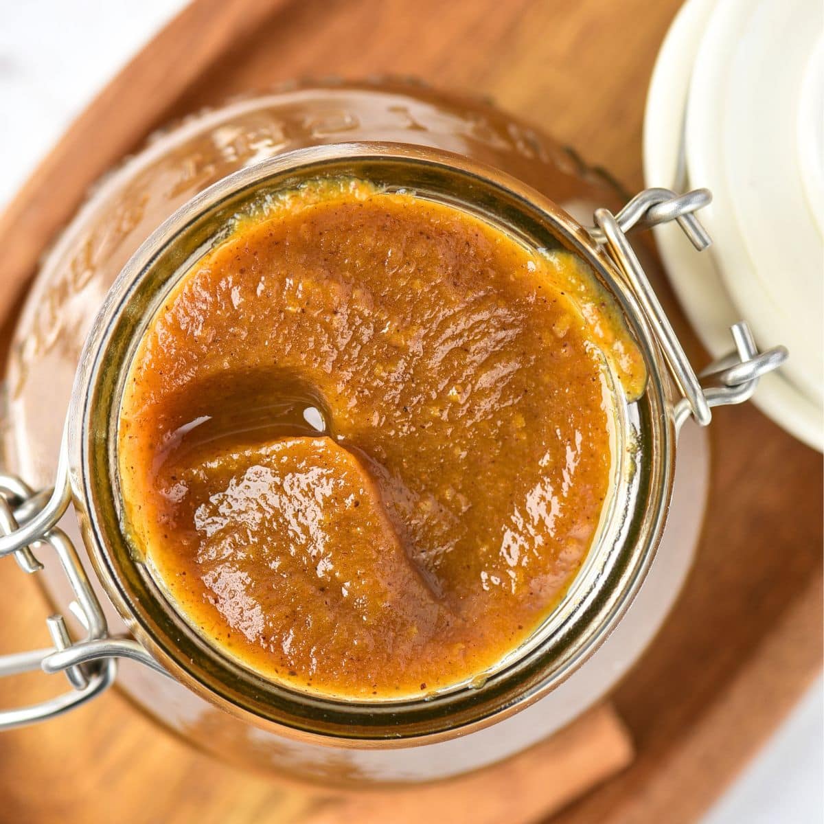 Top down view of a jar of pumpkin butter