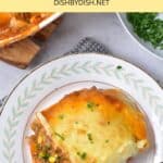 Top down view of a portion of shepherd's pie on a plate.