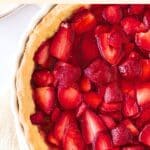 Top down view of freshly baked strawberry pie.