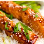 Up close view of salmon teriyaki fillets.