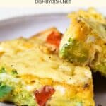 Up close view of two slices of gluten-free frittata on plate.