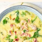 Top down view of a big bowl of zuppa toscana