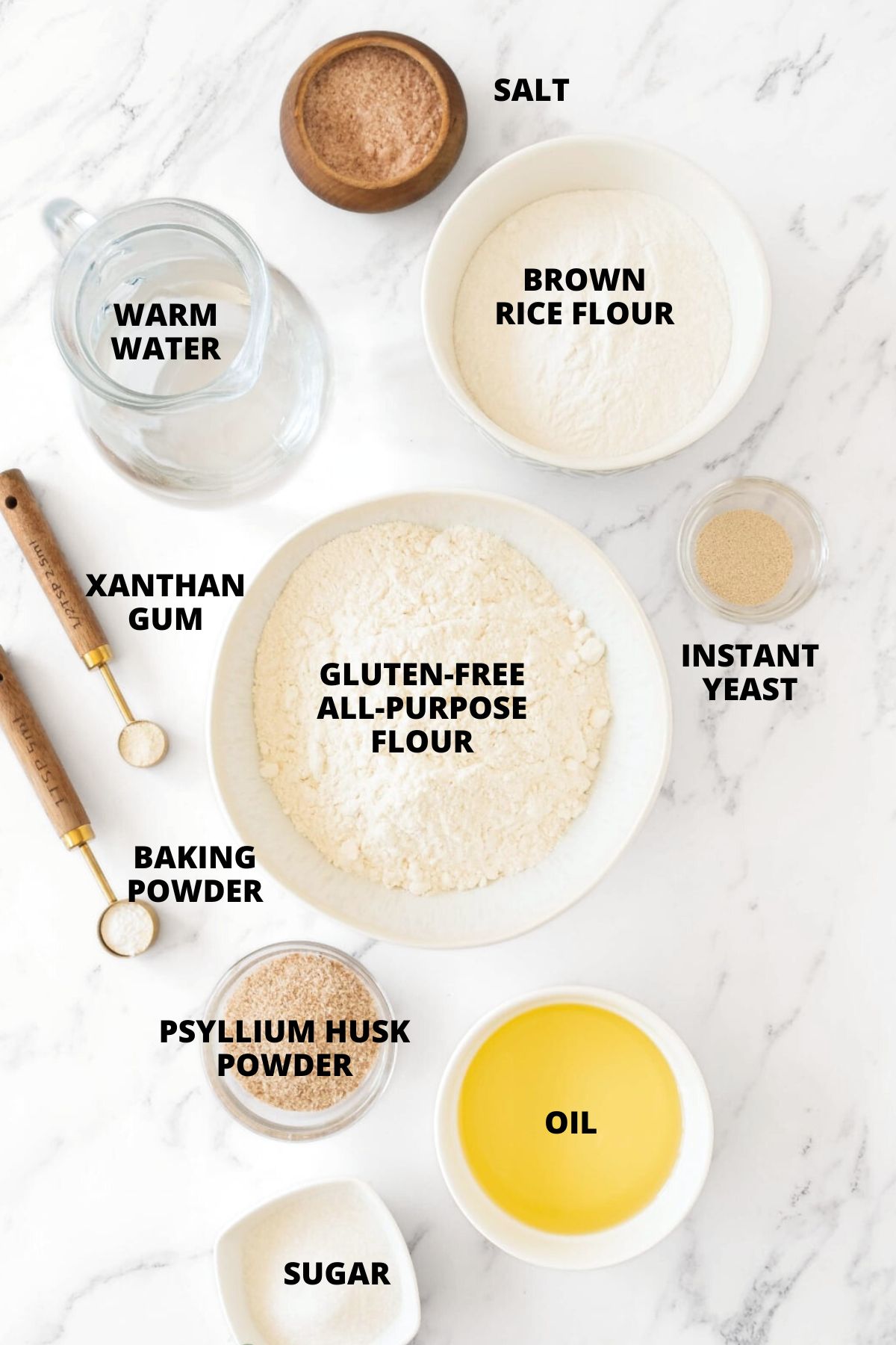 Ingredients for egg-free gluten-free bread without eggs.