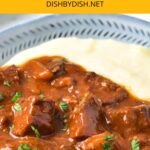 Up close view of a bowl of gluten-free beef bourguignon.