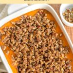 Dairy-free sweet potato casserole on wooden board.