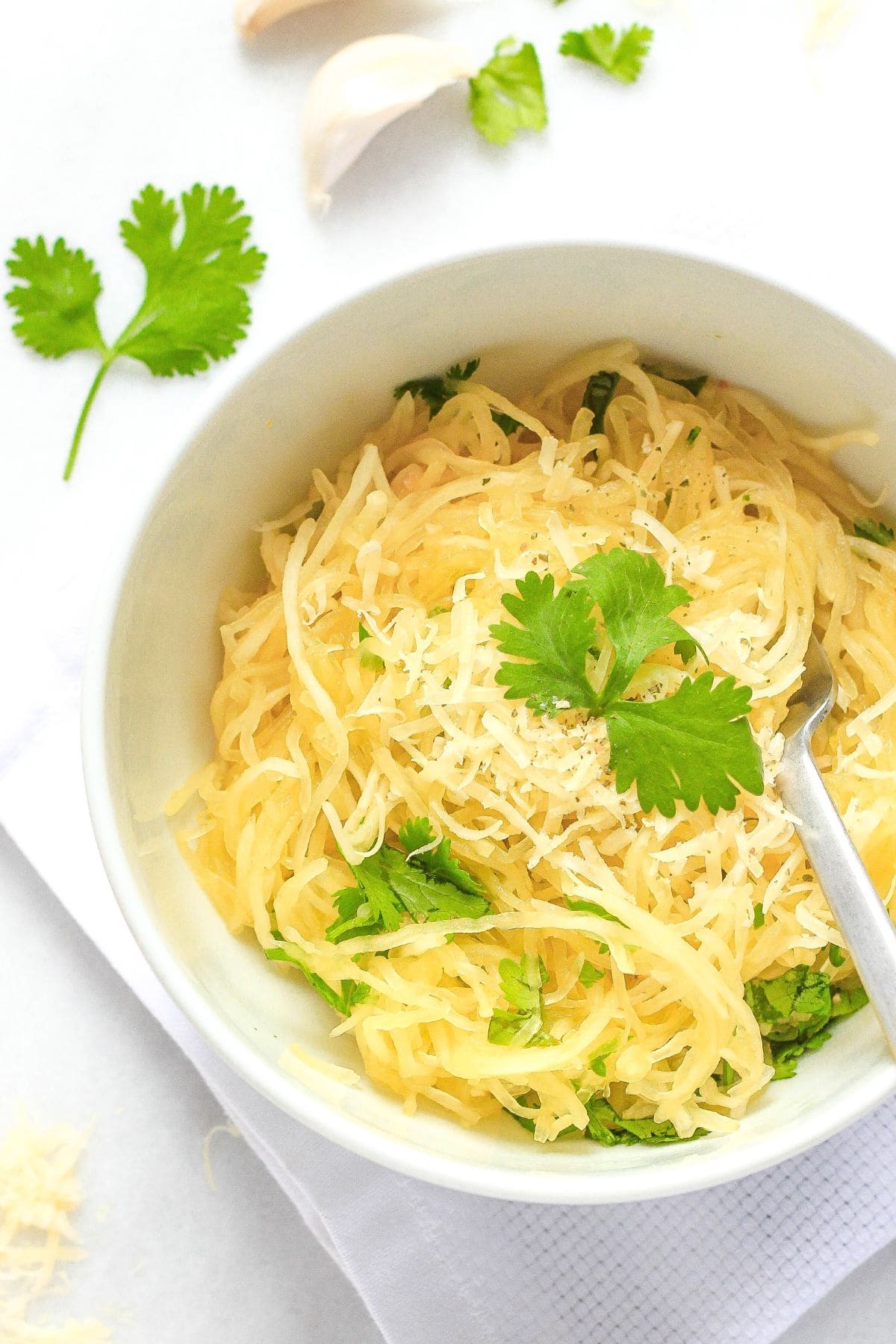 Up close view of a bowl of garlic spaghetti squash bowls.