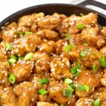 Top down view of a skillet with General Tso's chicken