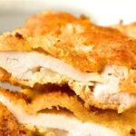 Up close view of the inside of fried chicken with almond flour