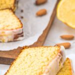 Slices of almond flour lemon loaf on parchment