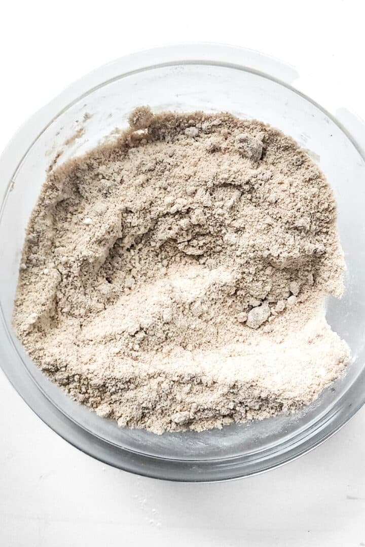 Flour mixture in glass bowl.