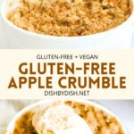 Collage of images of apple crumble in ramekins