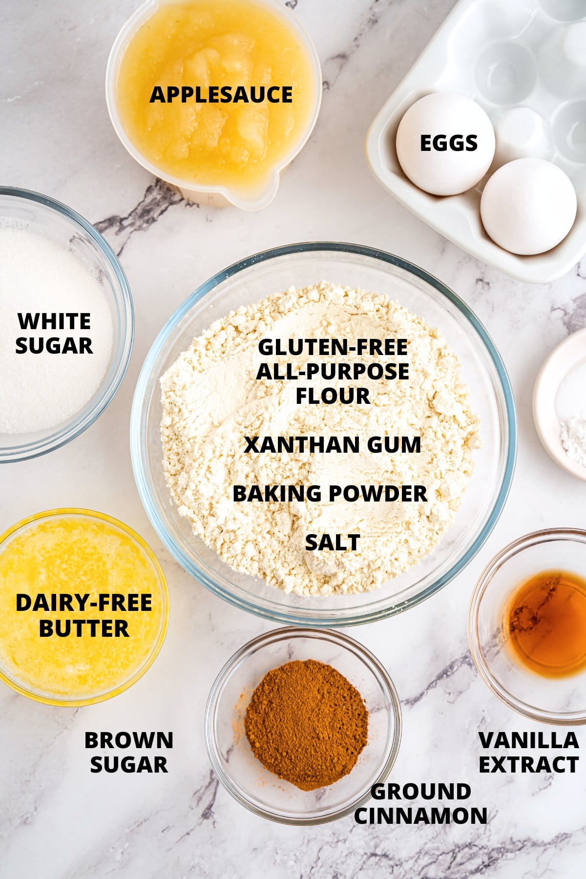 Ingredients for gluten-free applesauce muffin recipe.