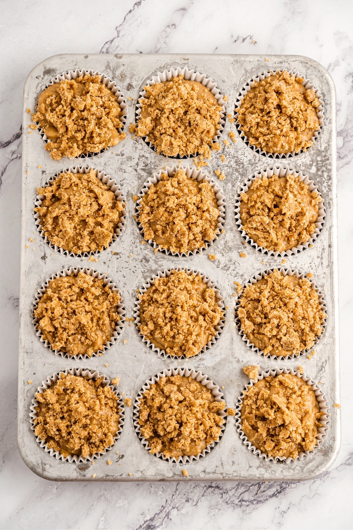 Muffin batter in muffin pan.