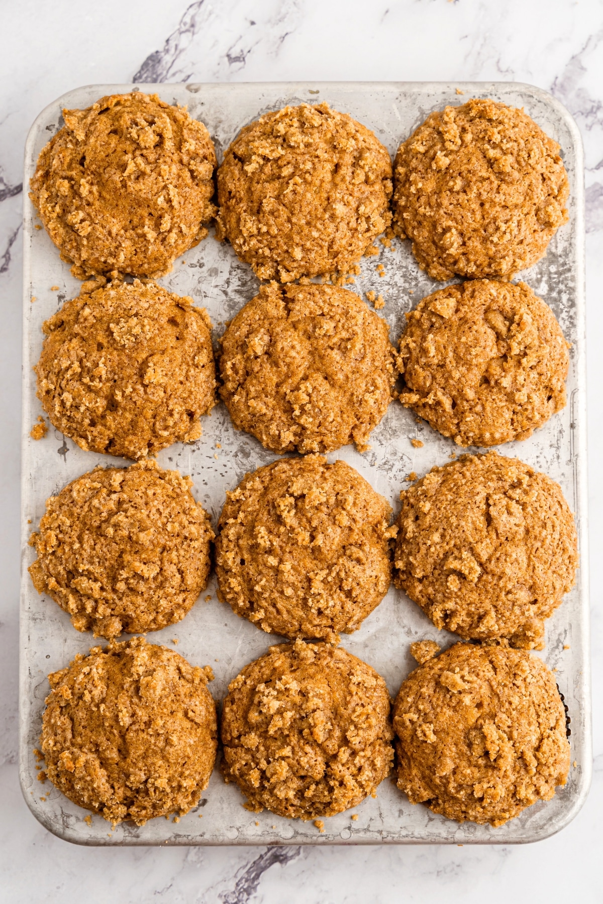Freshly baked applesauce muffins in muffin pan.
