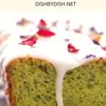 Up close shot of lemon glaze dripping down avocado cake.