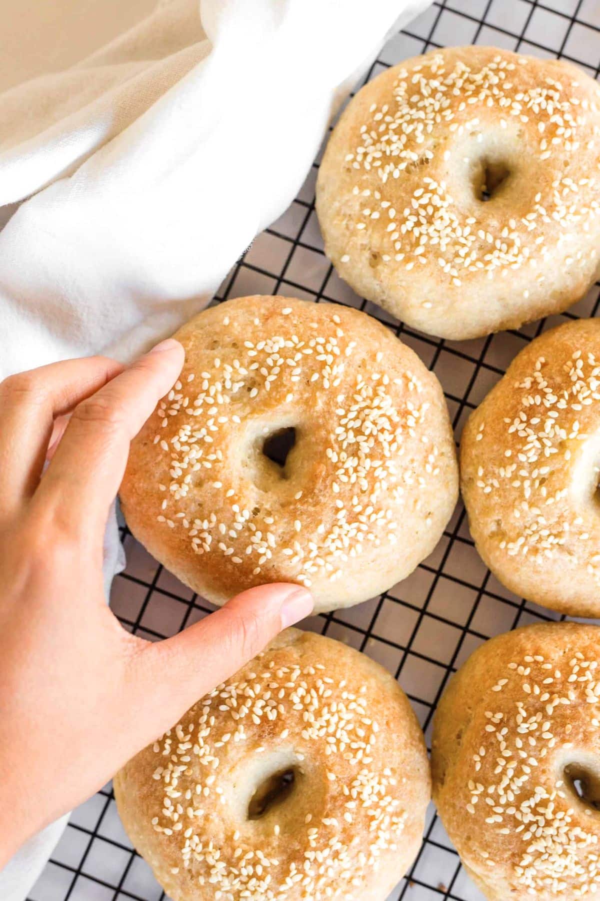 Hand reaching for a homemade bagel from a wire rack.