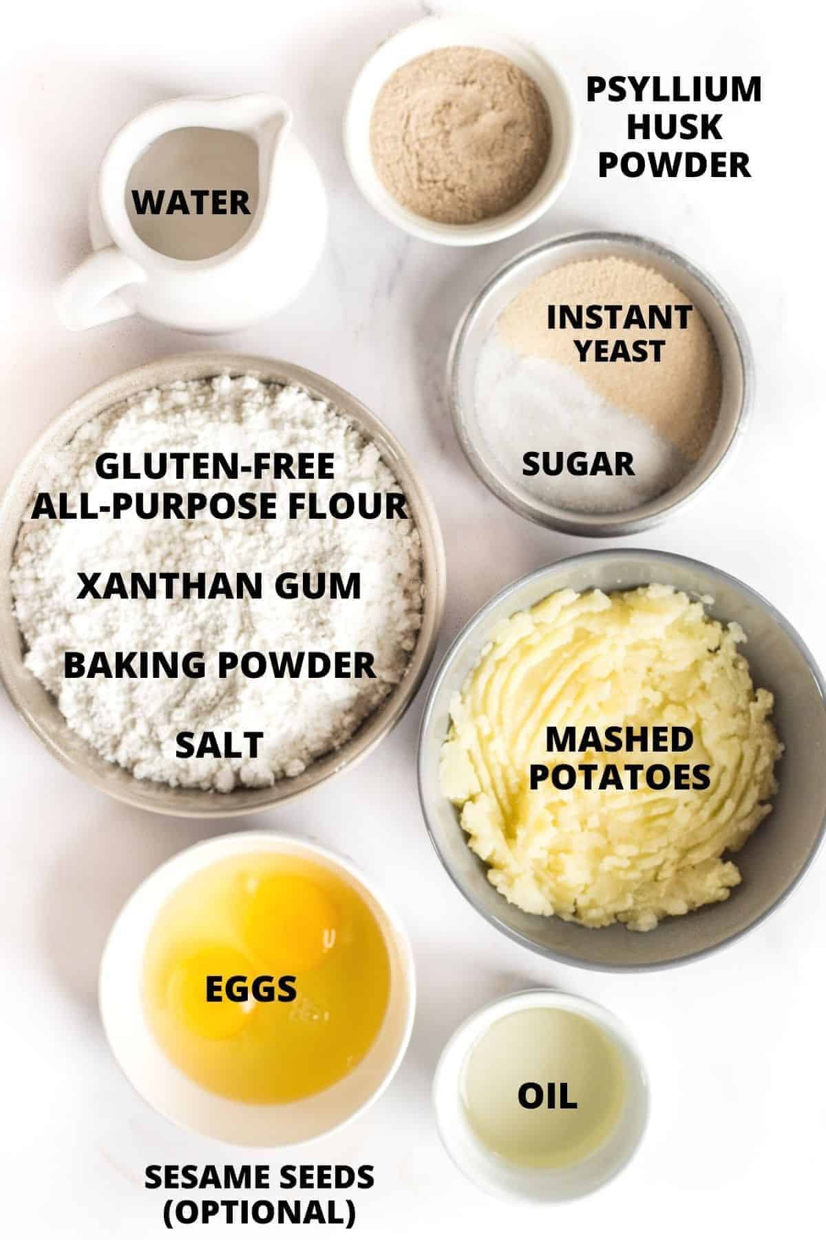 Ingredients required for homemade gluten-free bagels recipe laid out on board.
