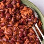 Top down view of a bowl of baked beans