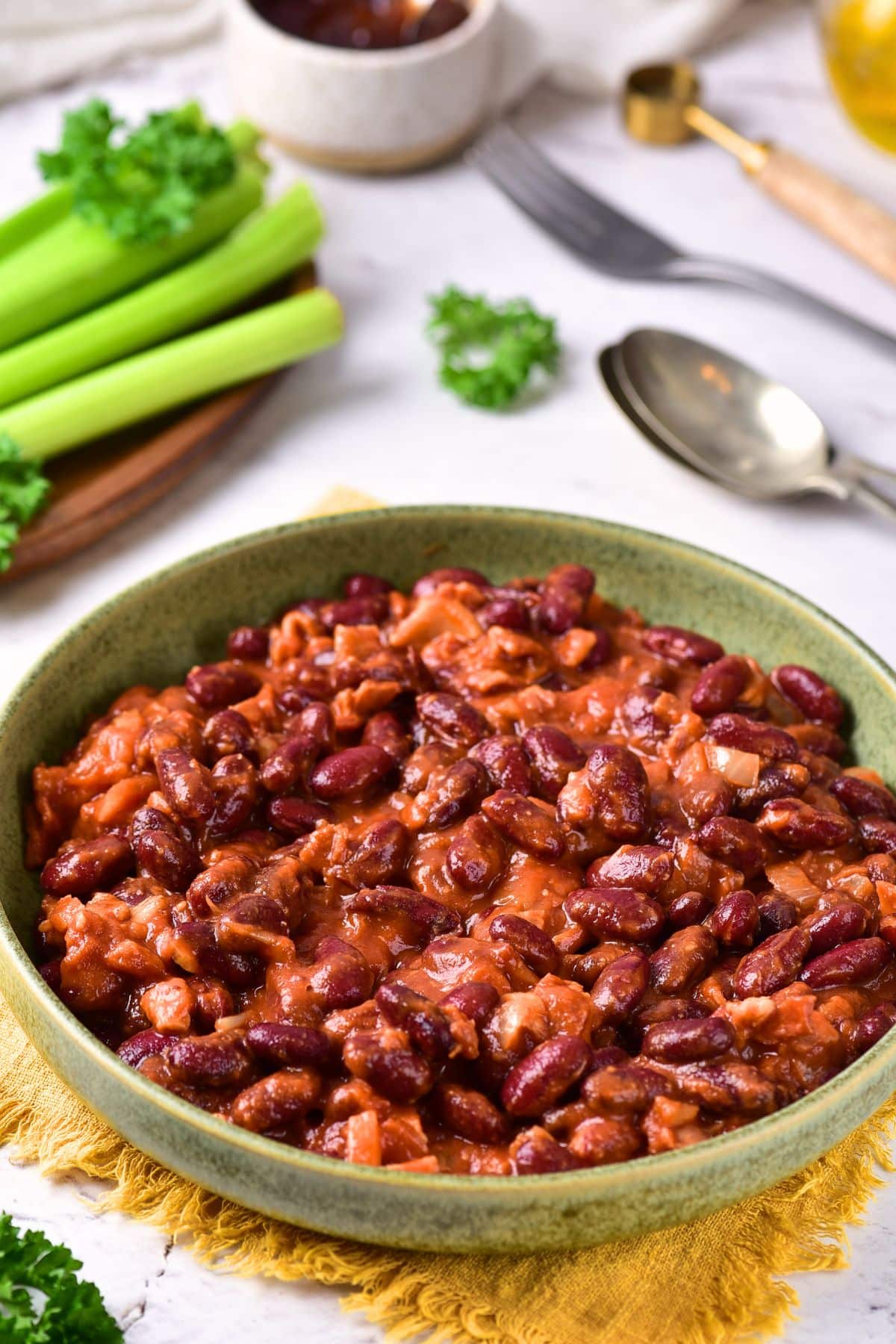 A bowl of homemade gluten-free baked beans.