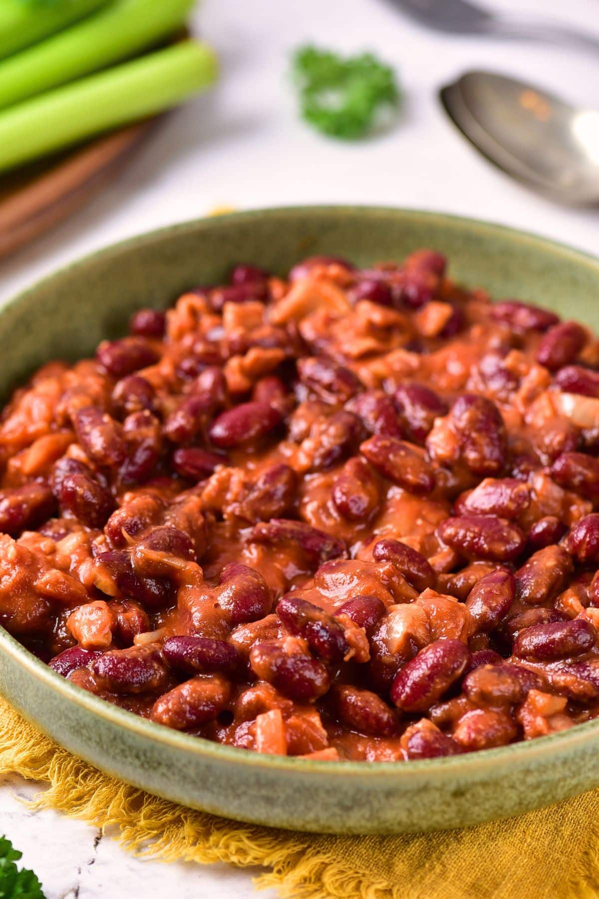 Up close shot of bowl of homemade gluten-free baked beans.